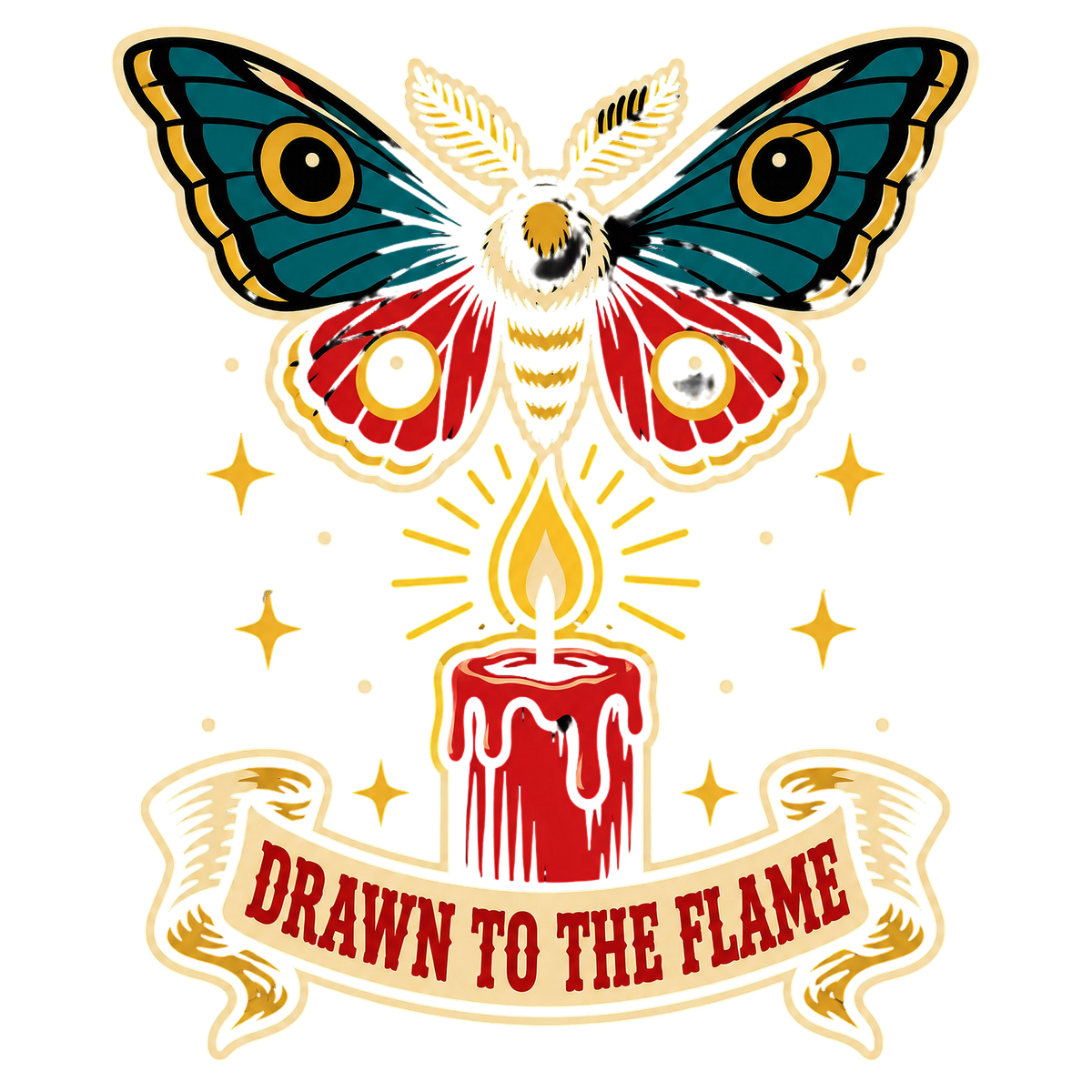 Drawn to the Flame design: tattoo flash moth over a red candle