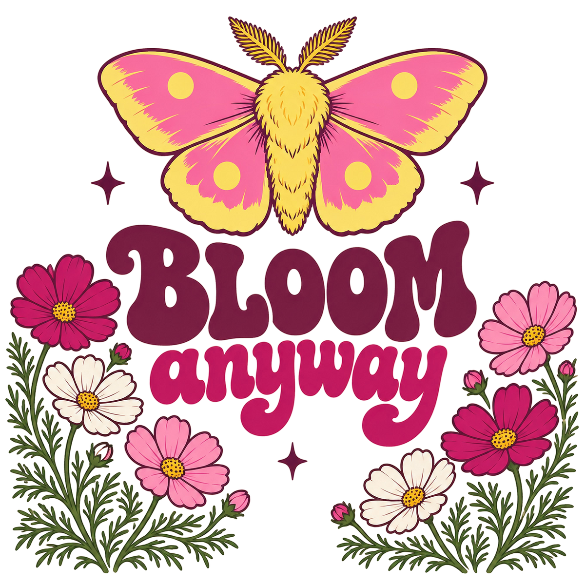Bloom Anyway design: rosy maple moth with cosmos flowers