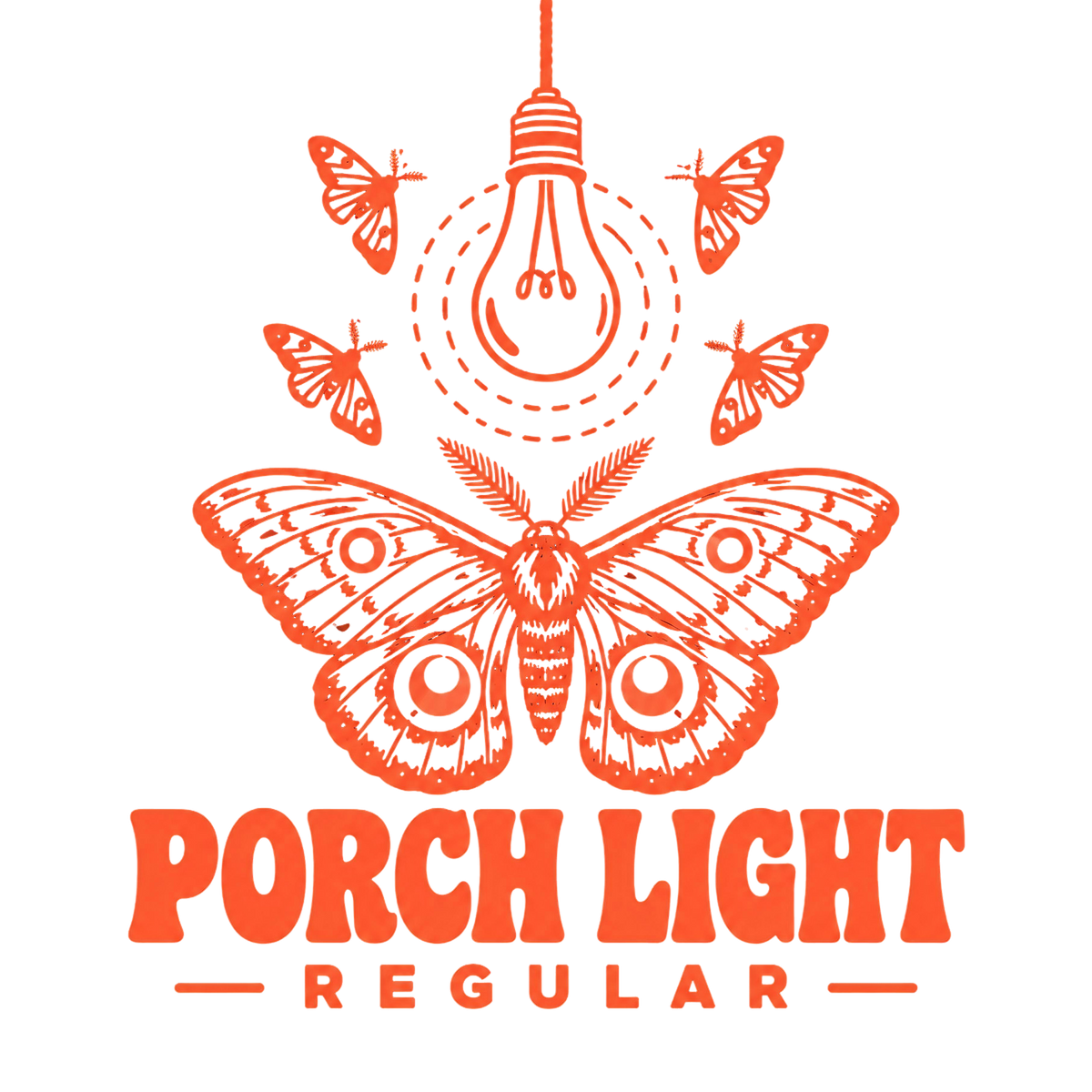 Porch Light Regular design: coral moths around a hanging light bulb