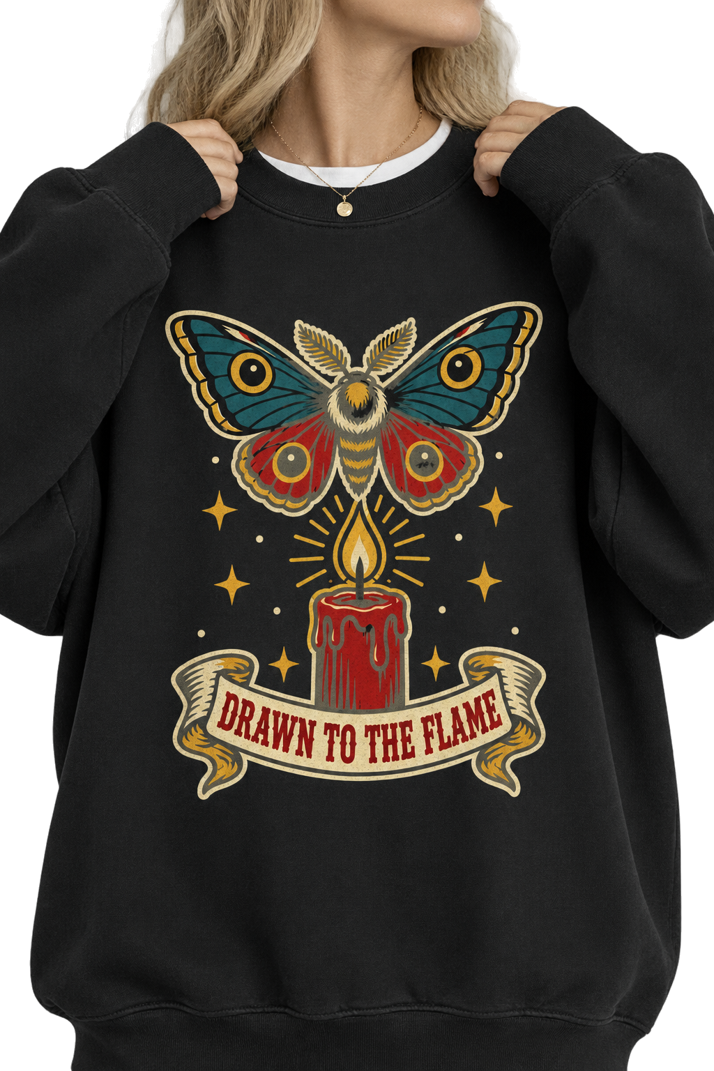 Model wearing the Drawn to the Flame moth design in black
