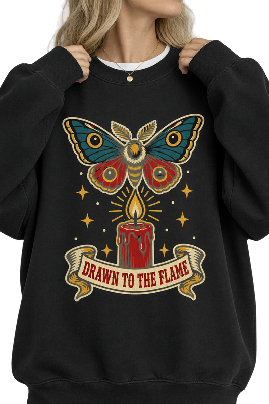 Model wearing the Drawn to the Flame moth design in black