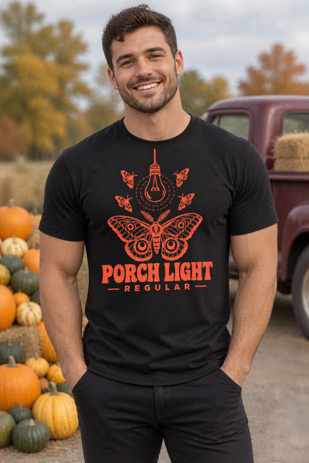 Man wearing the Porch Light Regular moth tee in black outdoors