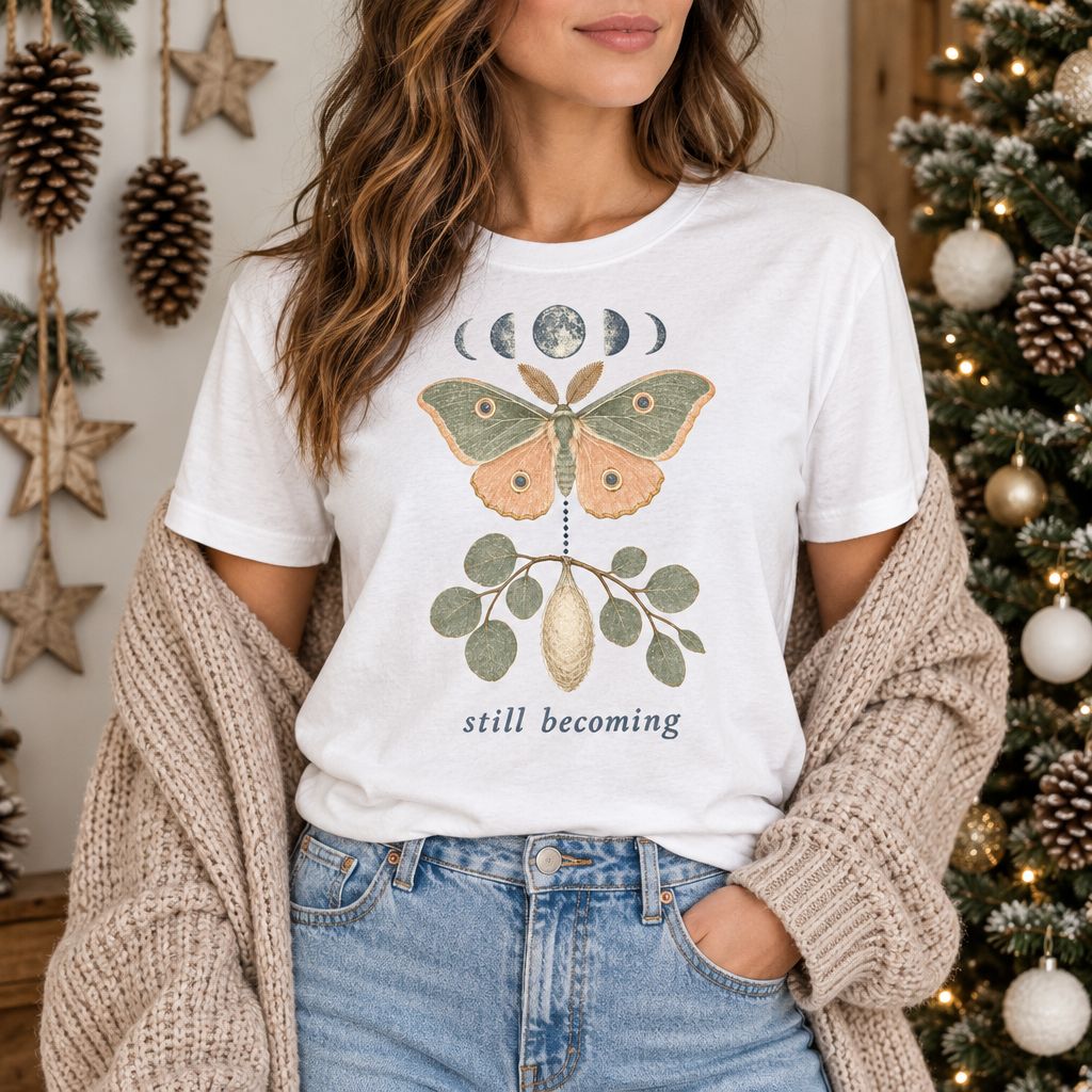 Woman wearing the Still Becoming moth tee in white