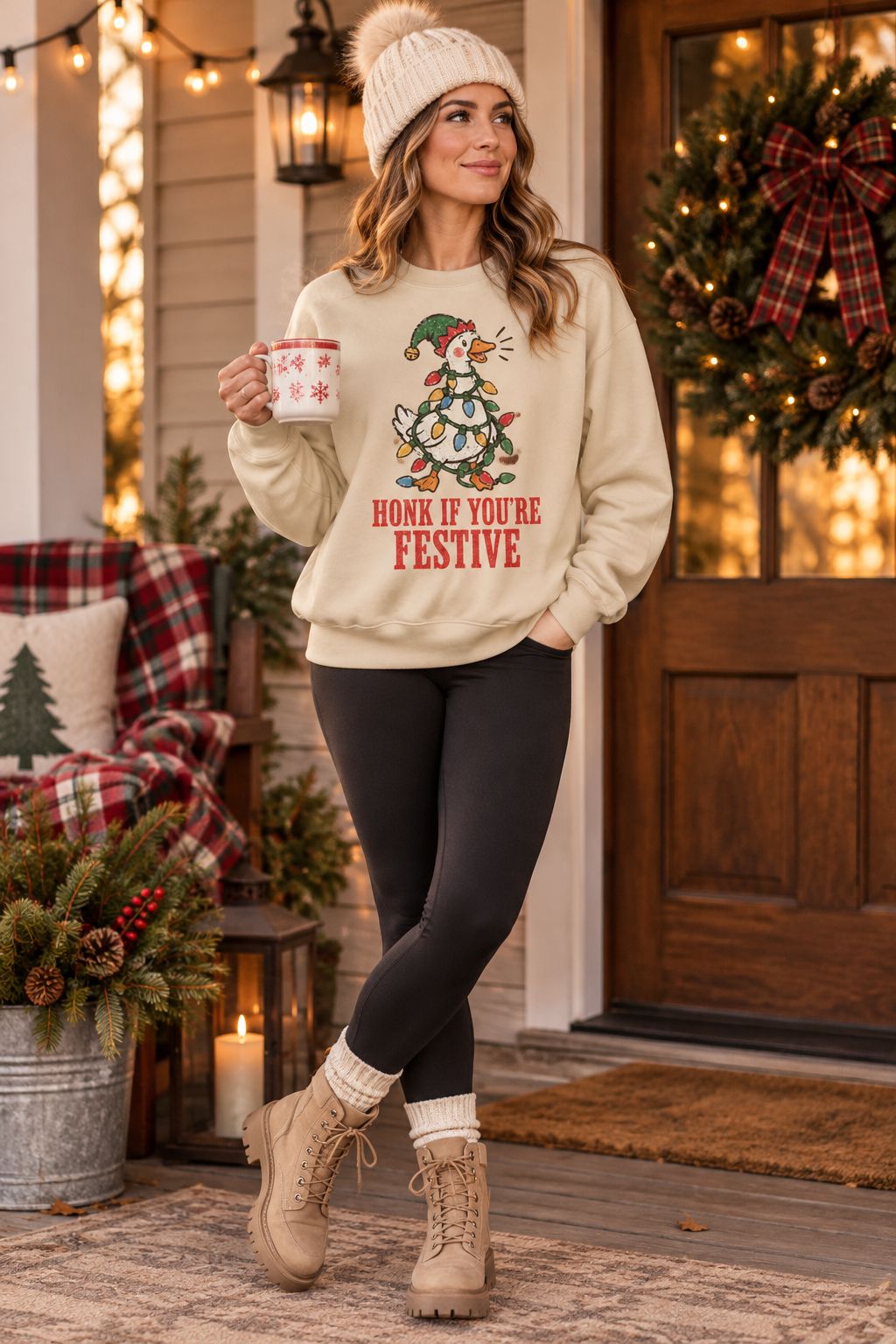 Woman wearing the Honk If You're Festive sweatshirt on a decorated holiday porch
