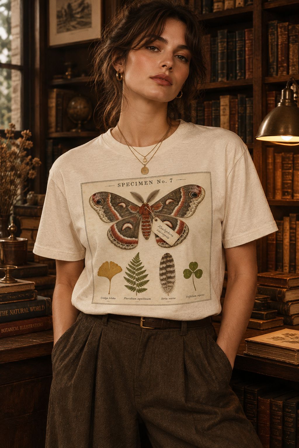 Woman wearing the Specimen No. 7 Cecropia Moth tee in a vintage bookshop