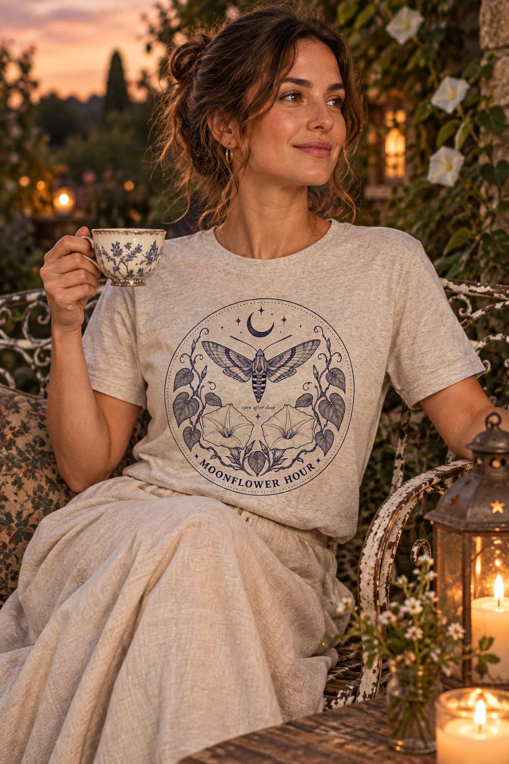 Woman wearing the Moonflower Hour moth tee in Heather Dust on a garden bench